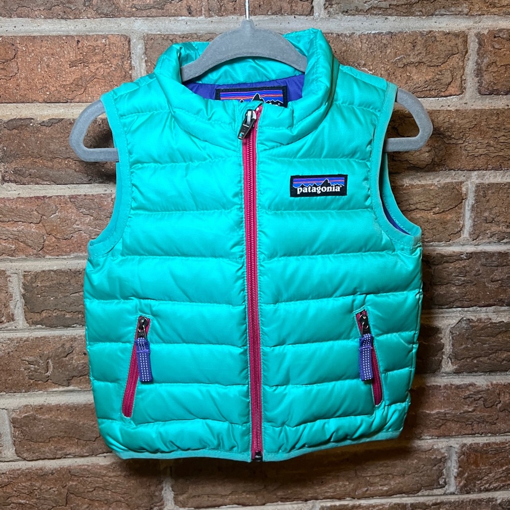 Patagonia Teal Blue Down Fill Baby 3-6  months Puffer Vest Cabincore Spring